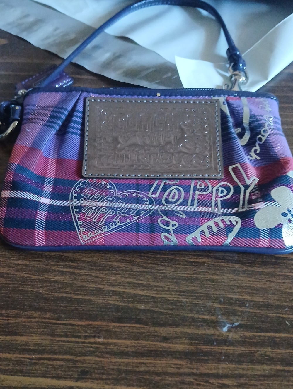 Coach Poppy Purple Plaid Printed Wristlet Perfect Like New